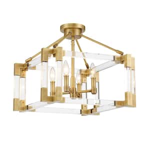 Prima Vista 18.875 in. 4-Light Aged Antique Brass Semi-Flush Mount with Clear Acrylic Accents