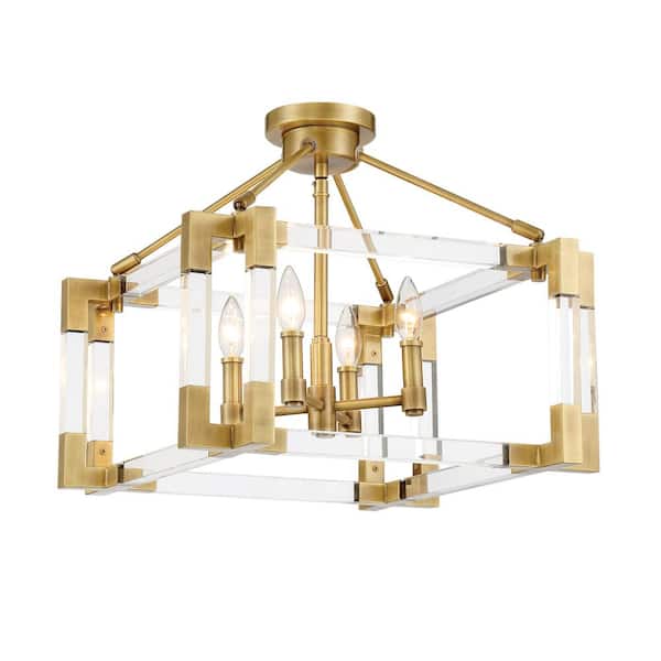 Metropolitan Prima Vista 18.875 in. 4-Light Aged Antique Brass Semi-Flush Mount with Clear Acrylic Accents