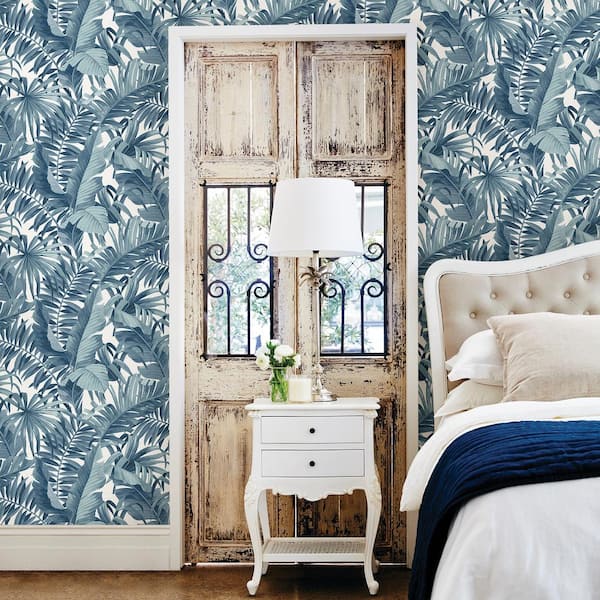 Alfresco Navy Palm Leaf Paper Strippable Roll Wallpaper (Covers 56.4 sq. ft.)
