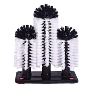 10.43 in. Nylon Cleaning Bottle Brush Glass Cup Washer with Suction Base 3 Head Bristle Brush for Kitchen Sink in Black