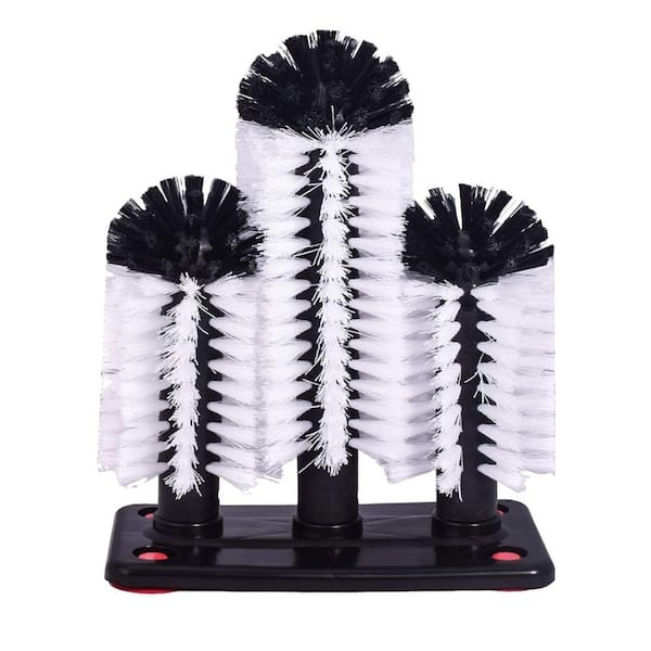 10.43 in. Nylon Cleaning Bottle Brush Glass Cup Washer with Suction Base 3 Head Bristle Brush for Kitchen Sink in Black