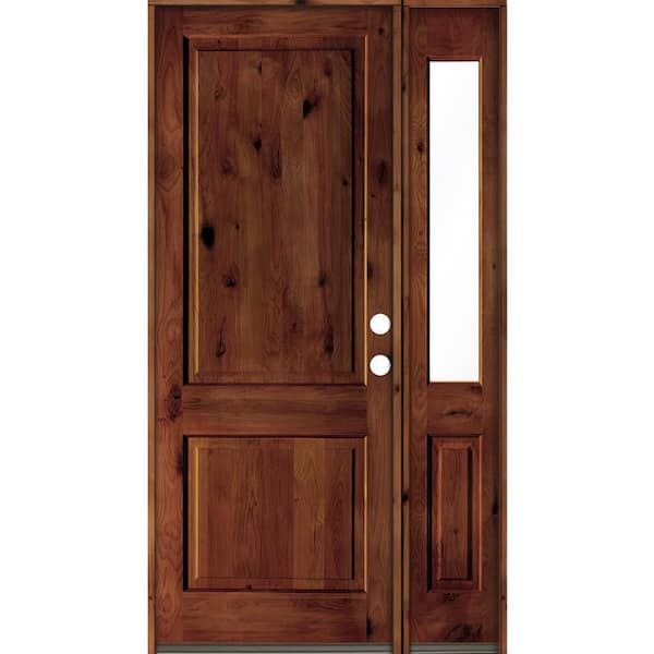 Krosswood Doors 56 in. x 96 in. knotty alder Left-Hand/Inswing Clear Glass Red Chestnut Stain Square Top Wood Prehung Front Door w/RHSL