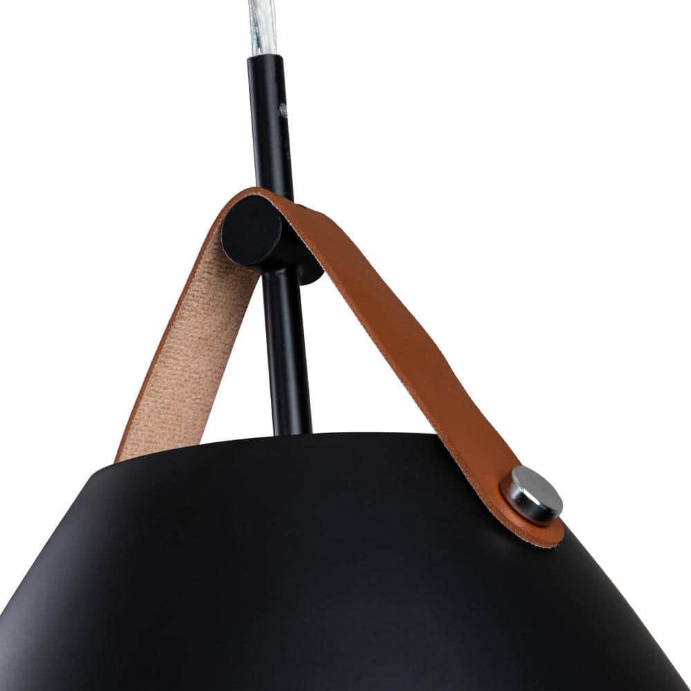Modern 10.75" Black Aluminum Dome Pendant with Leather Strap