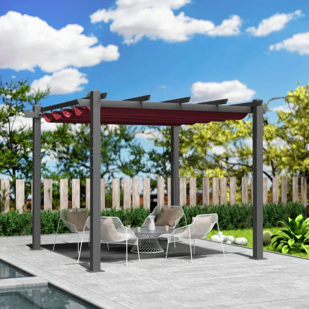 Burgundy Aluminum Outdoor Pergola with Retractable Canopy, 10 ft. x 10 ft.