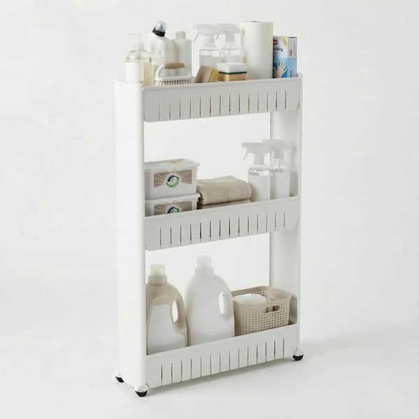 3-Tier White Slim Slide Out Storage Tower with Wheels