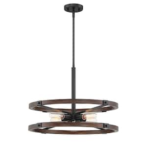 60-Watt 4-Light Black Pendant with Painted Wood Accent Shade