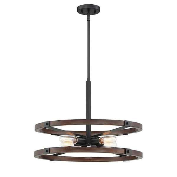 60-Watt 4-Light Black Pendant with Painted Wood Accent Shade