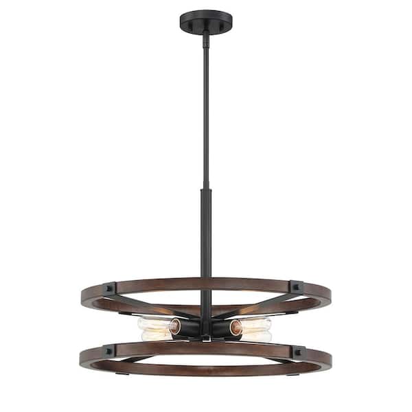 Cordelia Lighting 60-Watt 4-Light Black Industrial Pendant Light with Painted Wood Accent Shade and No Bulbs Included