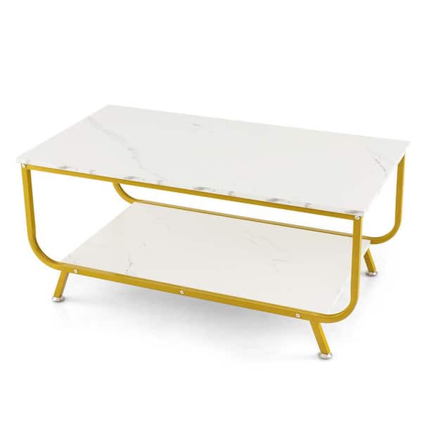Costway 42 in. White Rectangle Coffee Table 2-Tier Modern Marble Coffee Table with Storage Shelf for Living Room