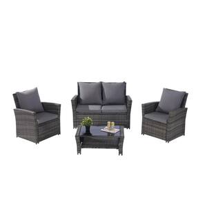 4-Pieces Gray Rattan Outdoor Patio Conversation Set with Gray color Cushions, Garden Rattan Chair Wicker Set