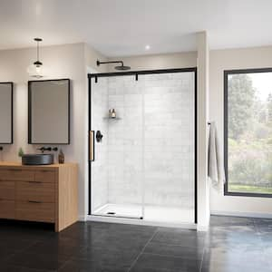 Uptown 56 in. to 59 in. W x 76 in. H Frameless Sliding Shower Door Alcove Installation w/Clear Glass in Matte Black Wood