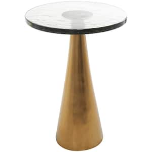 16 in. Gold Cone Geometric Large Round Glass End Table with Textured Glass Tabletop