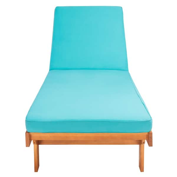 SAFAVIEH Newport Natural 1-Piece Wood Outdoor Chaise Lounge Chair with Aqua Cushion