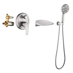 Bathtub Faucet with HandShower Waterfall Single-Handle Wall Mount Roman Tub Filler and Shower Faucet Set Brushed Nickel