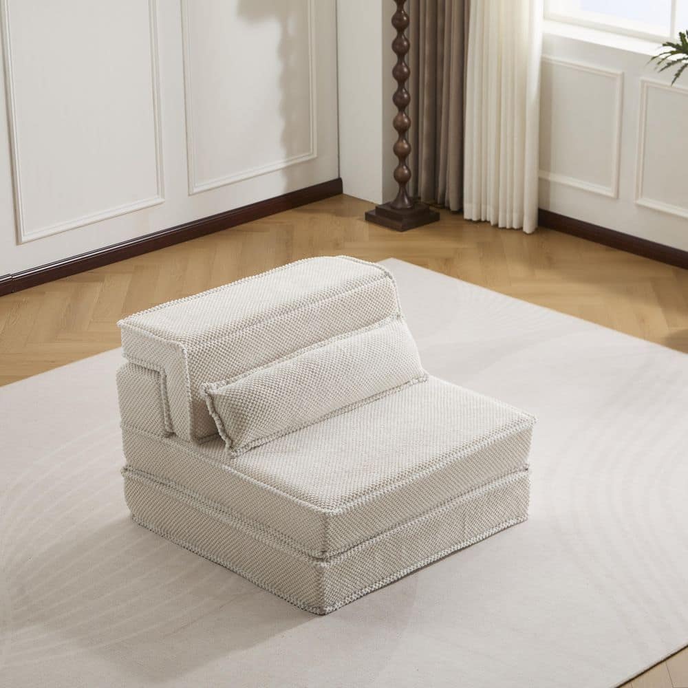 39.37 in W Armless Fabric Rectangle Modular Sectional Sofa in White Convertible Floor Sofa Bed with Pillow