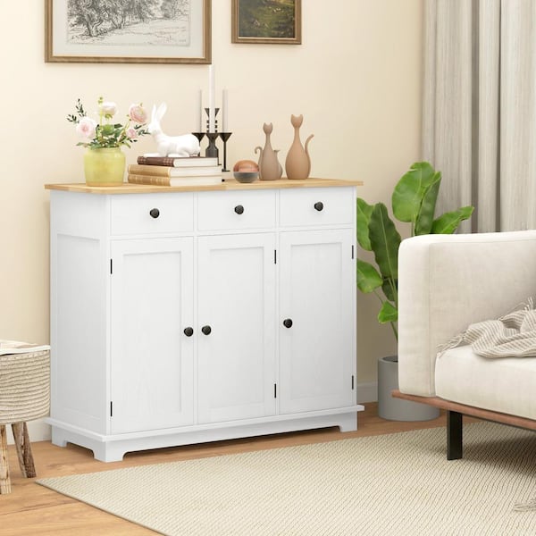 39 in. White Wood Sideboard Coffee Bar, Modern Kitchen Storage Cabinet with 3 Drawers, 2 Doors and Adjustable Shelf