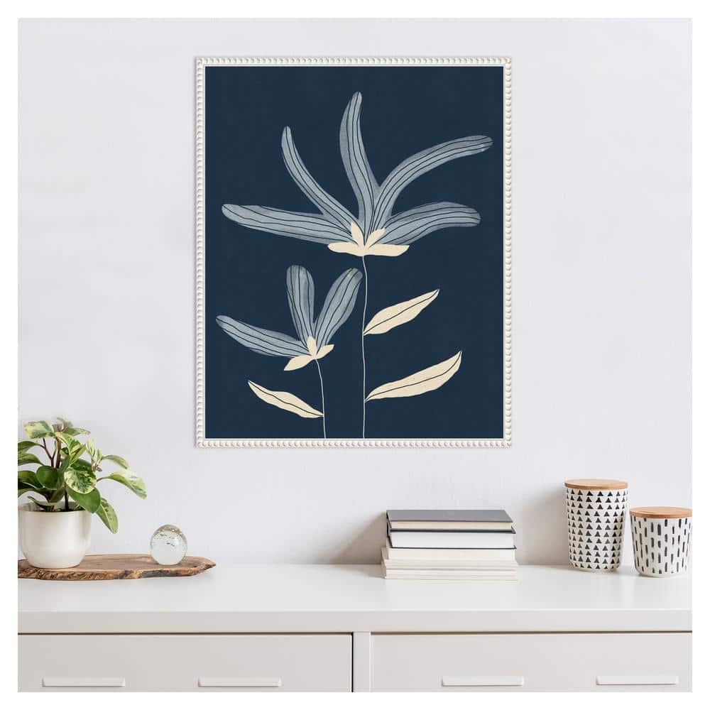 Abstract Floral Navy and White Canvas Wall Art with Beaded Frame