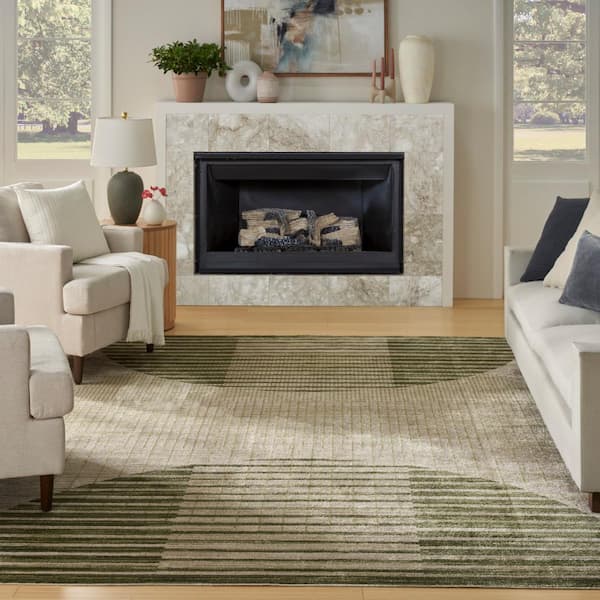 Astra Machine Washable Ivory Olive 8 ft. x 10 ft. Graphic Contemporary Area Rug