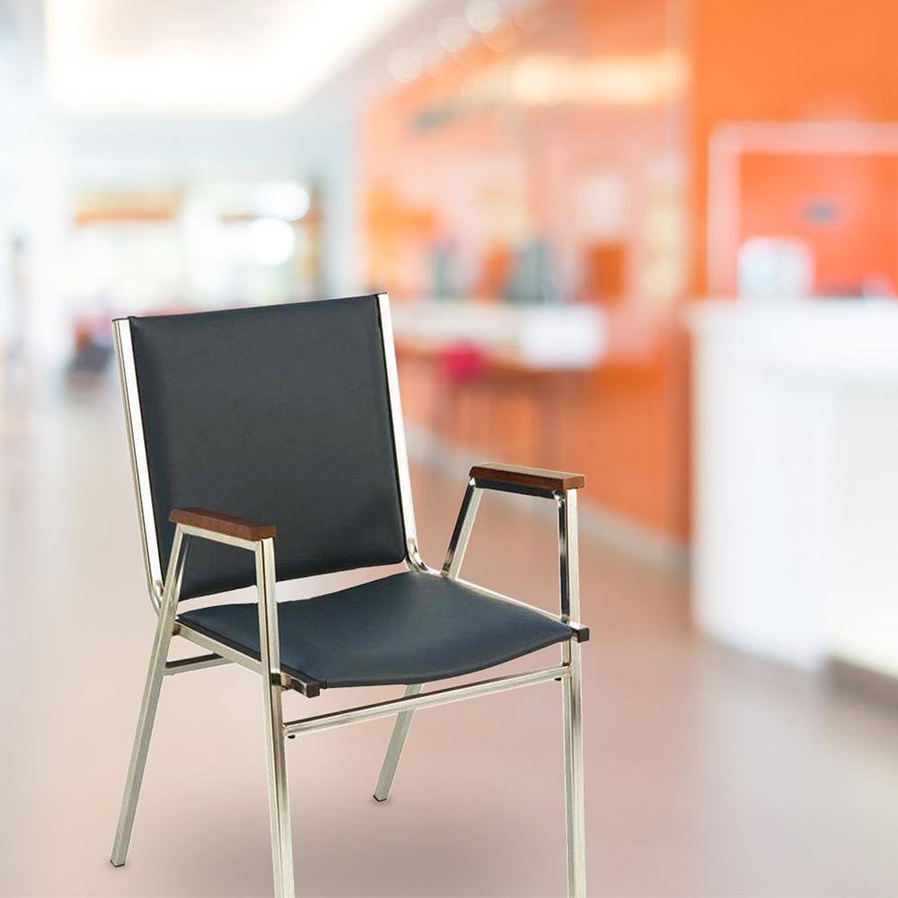 Black Vinyl and Metal Stackable Office Chair with Walnut Armrests
