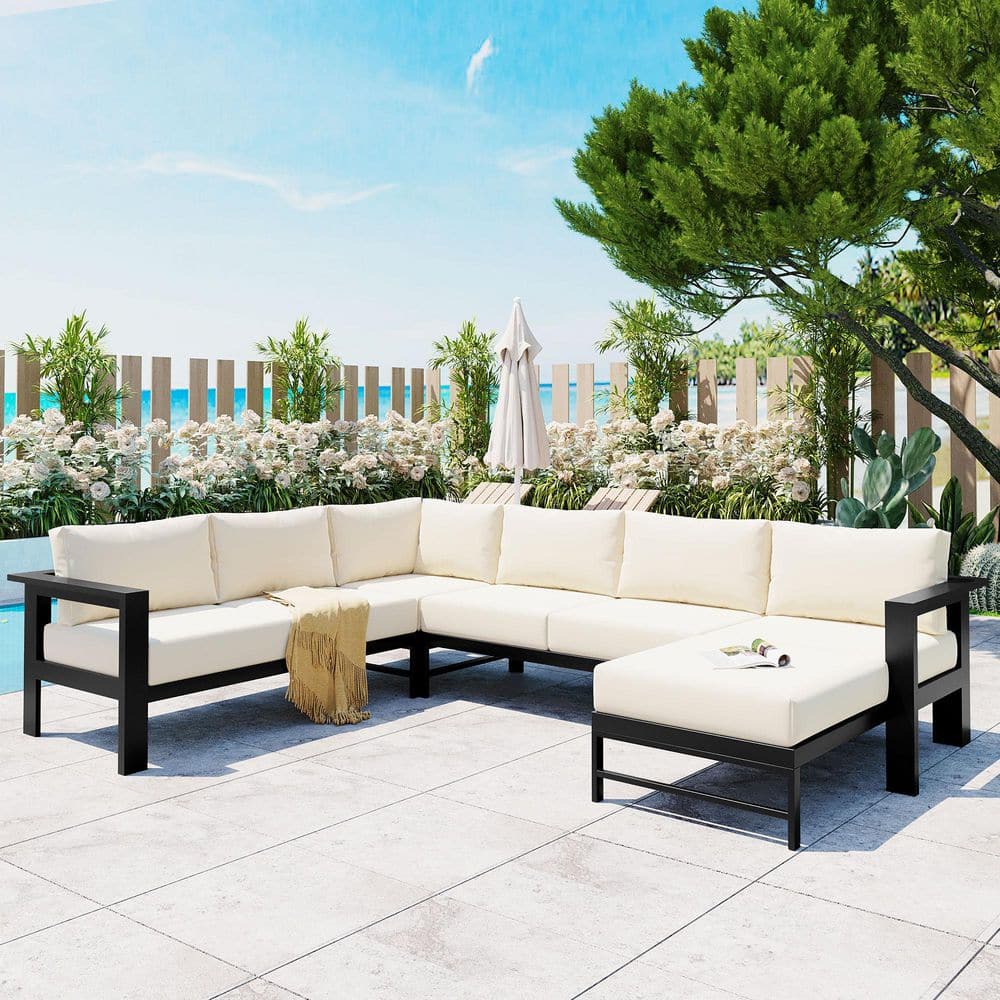 Black Aluminum Outdoor Sectional Set with White Cushions, U-shaped