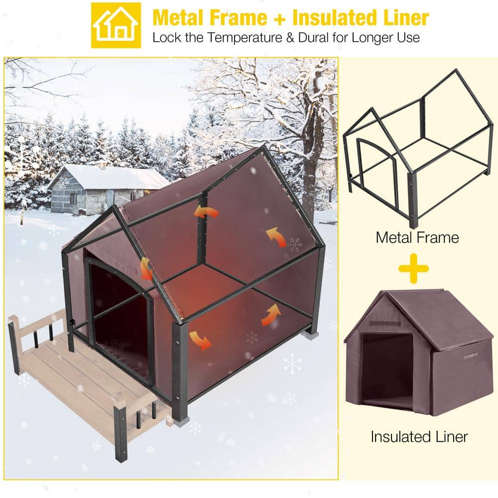 Large Brown Insulated Wooden Dog House with Elevated Floor
