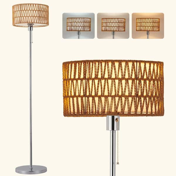 Unbranded 57 in. Chrome Standard Floor Lamp with Rattan Shade, Bohemian Style