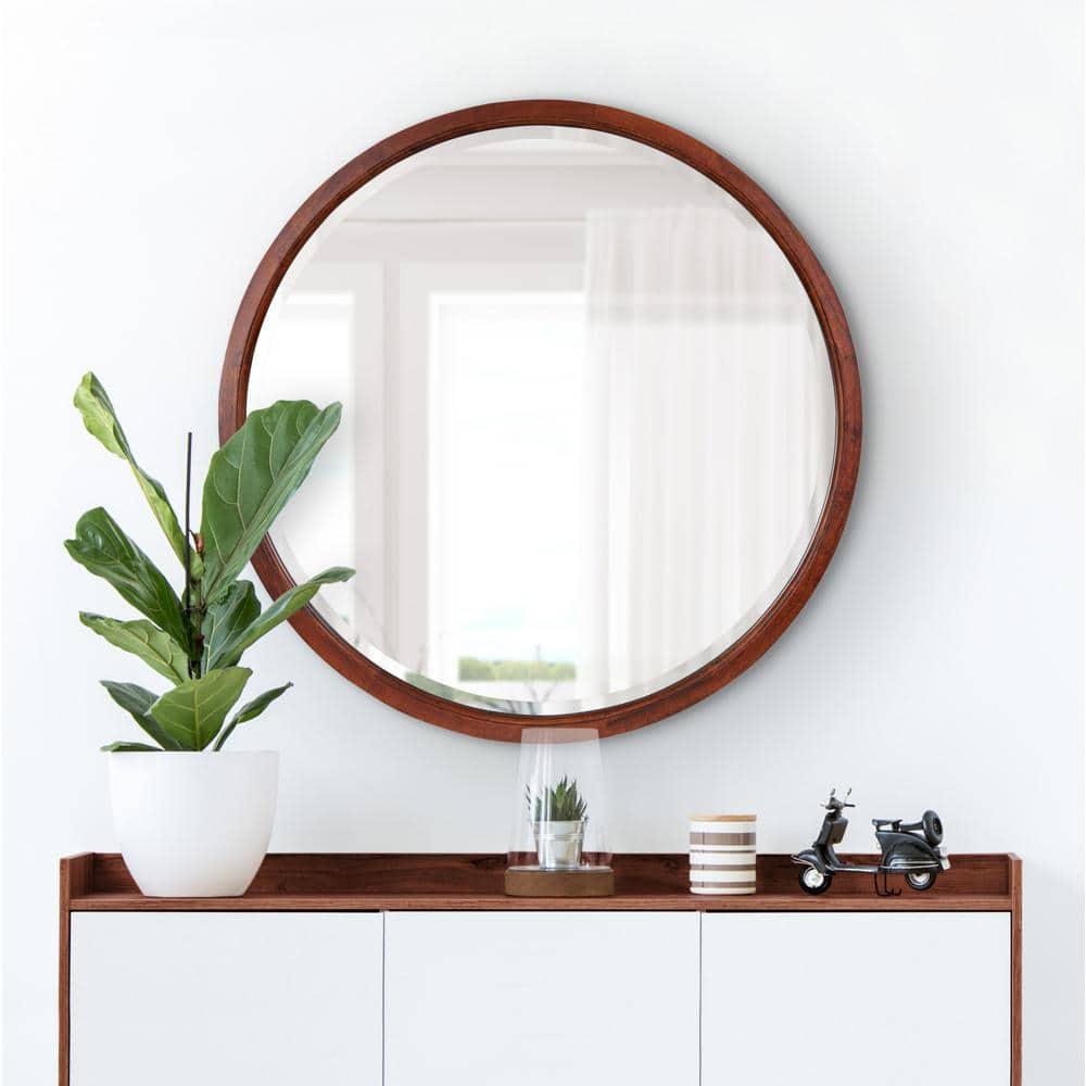 Walnut Brown Round Wood Bathroom Vanity Mirror