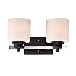 15 in. 2-Light Black and Chrome Finish Vanity Light with Etched White Glass Shades