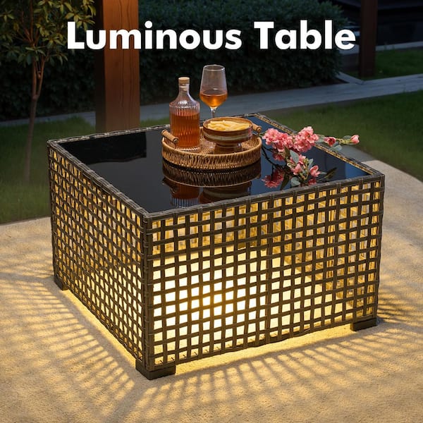 New Vultros Gray 7-Piece Wicker Outdoor Patio Conversation Set with Black Cushions and Solar LED Coffee Table