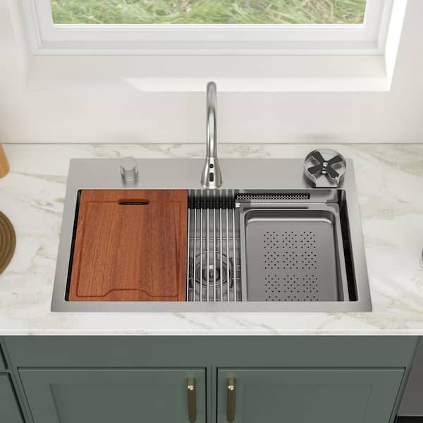 Black Single Slot Waterfall Kitchen Sink Smart Multifunctional Whale Piano Key Modern Sink Kitchen Stainless Steel - Sink, Handmade Sink