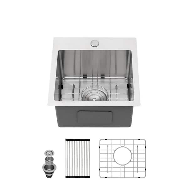 LORDEAR 15 in. Undermount 16-Gague T304 Stainless Steel Drop In Bar Sink with Bottom Grid