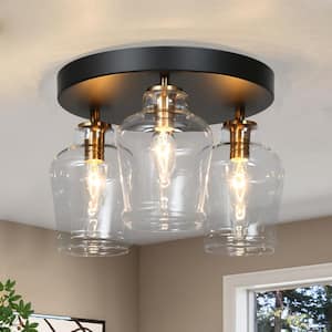 Grandiflorus Modern 11 in. 3-Light Black Flush Mount Light, Cluster Ceiling Lamp with Clear Glass Shade for Entryway