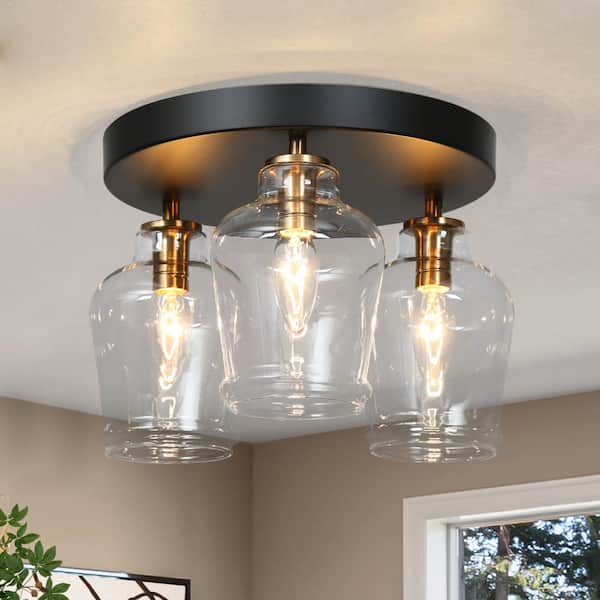 Zevni Grandiflorus Modern 11 in. 3-Light Black Flush Mount Light, Cluster Ceiling Lamp with Clear Glass Shade for Entryway