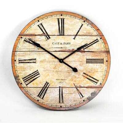 Round Antique Taupe Roman Numeral Wooden Clock