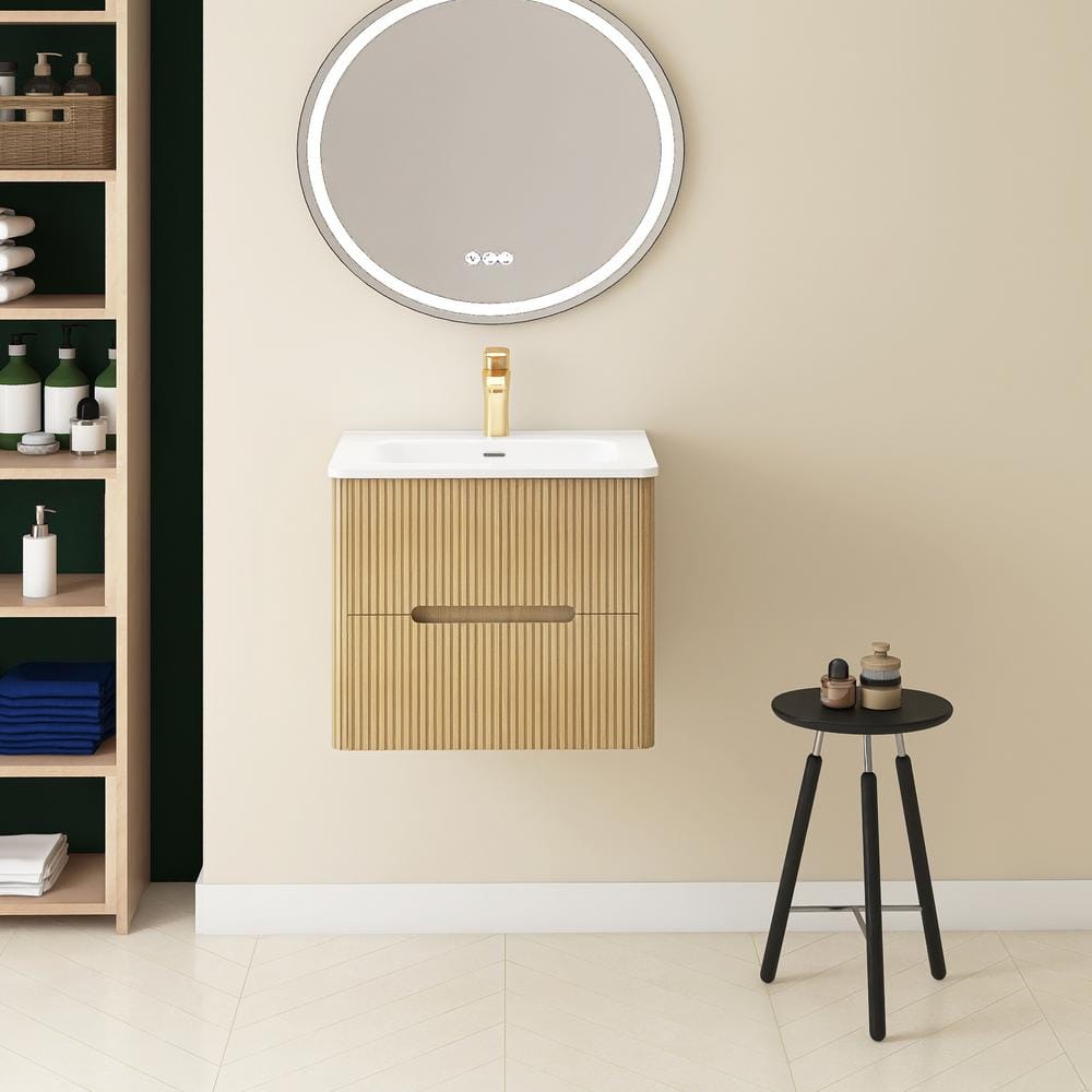 24 in. Wall-Mounted Light Oak Bath Vanity with White Ceramic Top Assembled