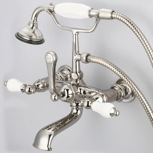 Water Creation 3-Handle Vintage Claw Foot Tub Faucet with Hand Shower and Porcelain Lever Handles in Polished Nickel PVD