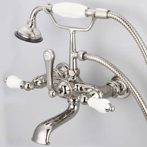 3-Handle Vintage Claw Foot Tub Faucet with Hand Shower and Porcelain Lever Handles in Polished Nickel PVD