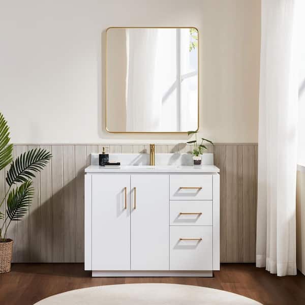 ROSWELL San 42 in.W x 22 in.D x 33.8 in.H Single Bath Vanity in White with White Engineered Stone Top and Mirror