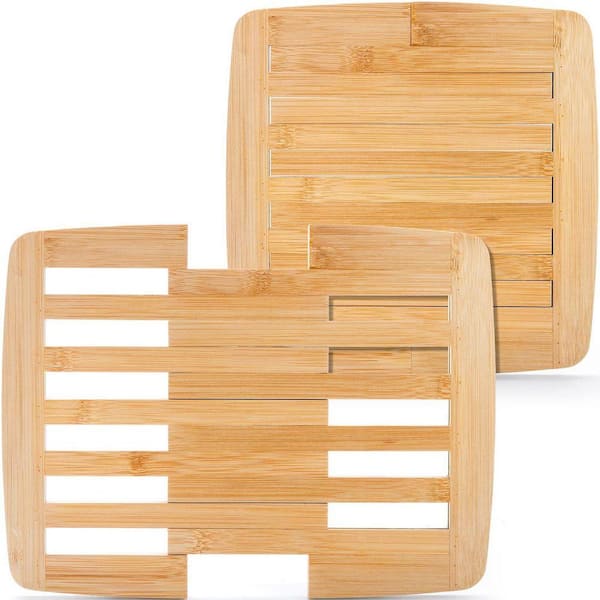 2 Pack Natural Bamboo Expandable Square Trivet Heat Resistant Hot Pad Mat for Dishes Bowls Pots Pans Tabletop