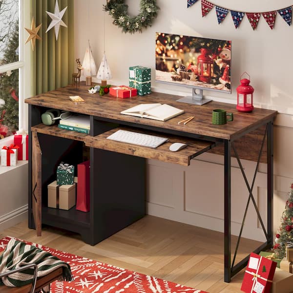 47.2 in. Rectangular Brown Reversible Office Desk with Storage Magnetic Cabinet,Study Writing Desk with Keyboard Tray