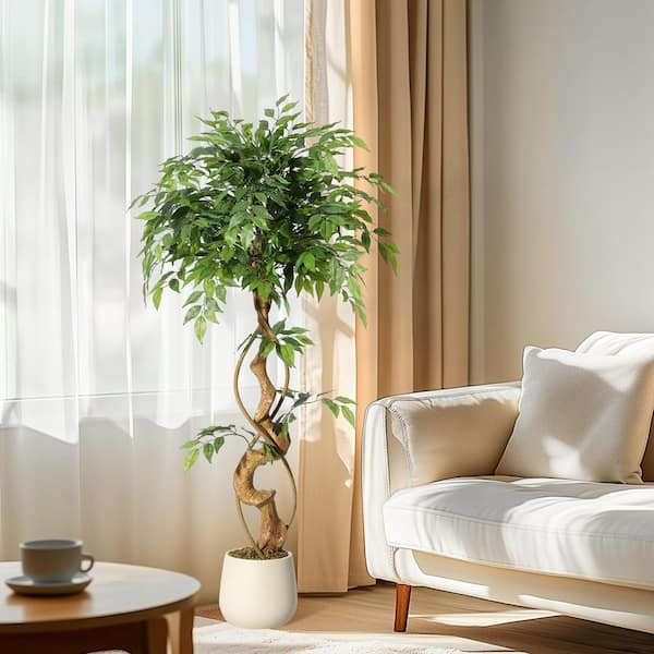 4 ft. Artificial Ficus Tree, Faux Plant Fake Silk Trees with Curved Trunk, Home Decor
