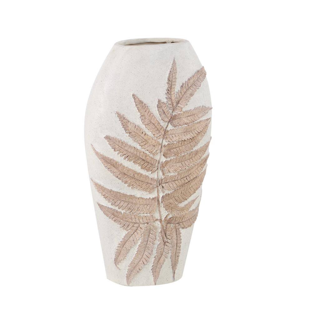 White and Beige Polystone Floor Vase with Leaf Design