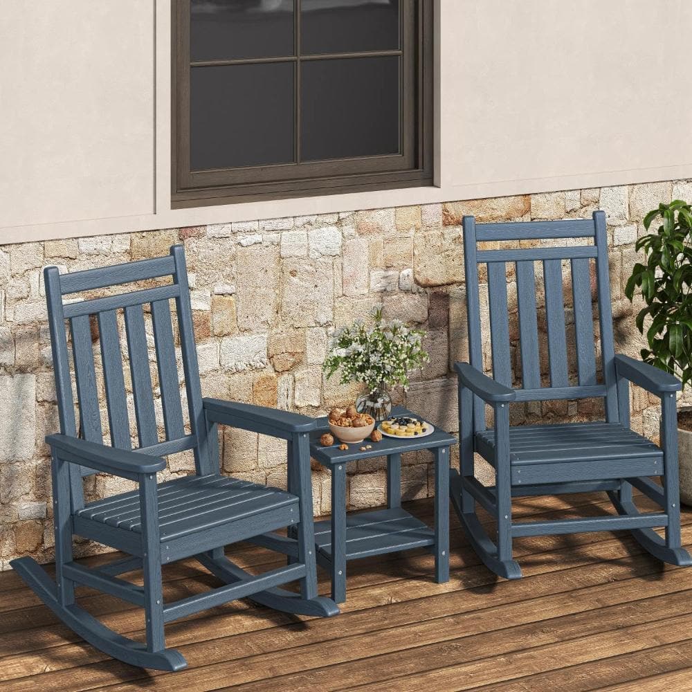 Navy Blue HDPE Rocking Chair Set of 2 with Side Table Outdoor Adirondack Rocker Weather Resistant for Patio Porch price history on PriceWatchPro