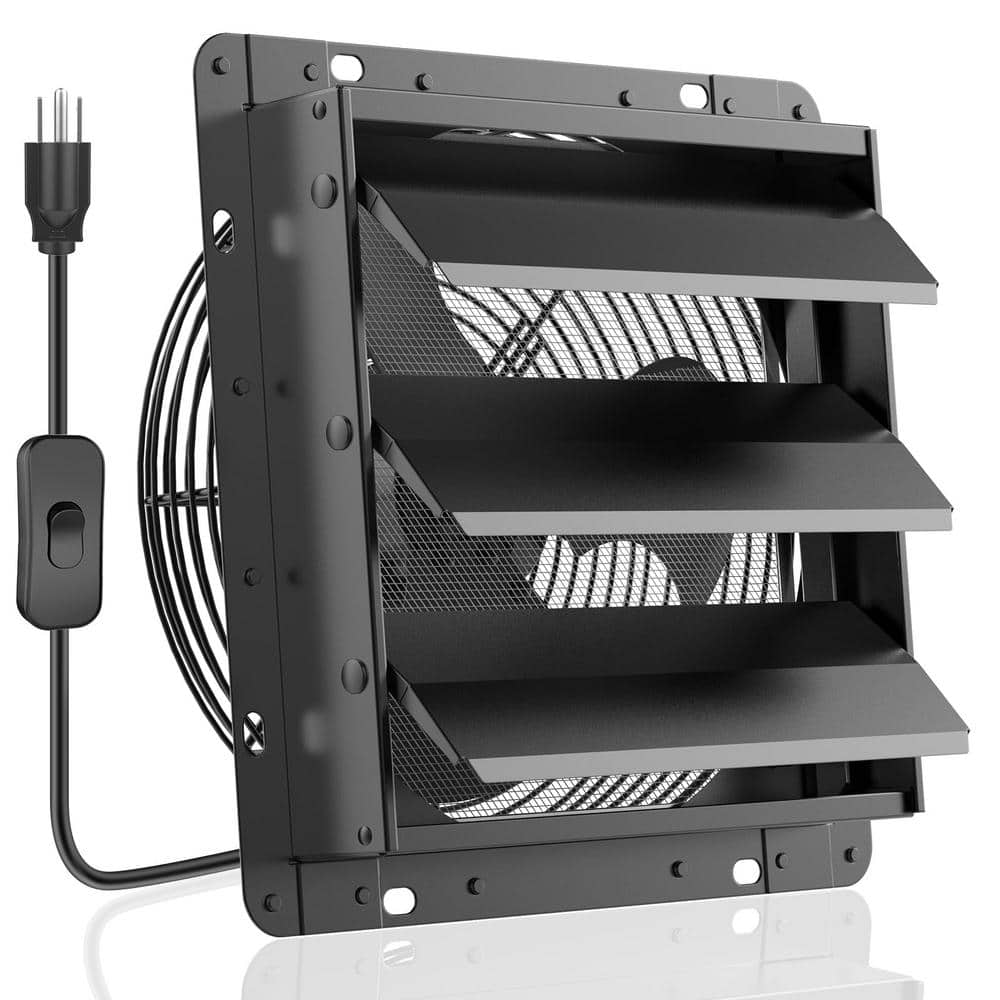 12 in. 764 CFM Black Metal Shutter Exhaust Fan, 1400 RPM Vent Fan for Shed 