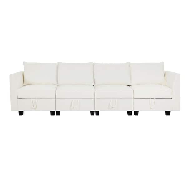HOMESTOCK 112.8 in Modern 4-Piece Upholstered Sectional Sofa Bed-White Down Linen - Sofa Couch for Living Room/Office