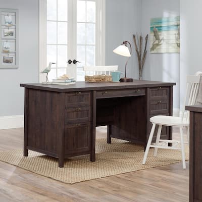 Welwick Designs 54 in. Rectangular Dark Walnut Wood and Metal 2-Drawer  Double Sided Executive Desk HD8685 - The Home Depot