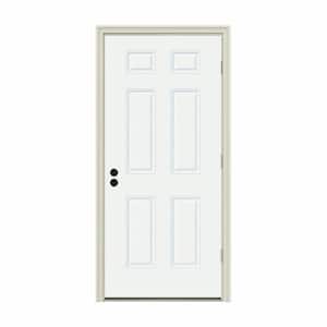 36 in. x 80 in. 6-Panel White Painted Steel Prehung Left-Hand Outswing Front Door w/Brickmould