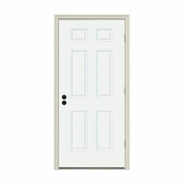JELD-WEN 36 in. x 80 in. 6-Panel White Painted Steel Prehung Left-Hand Outswing Front Door w/Brickmould