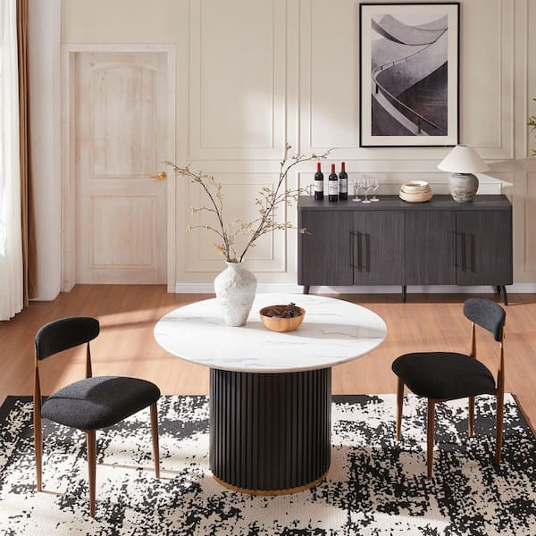 Modern 3-Piece Faux Marble Dining Table Top with Boucle Armless Chair in Black Dining Room Set for Kitchen
