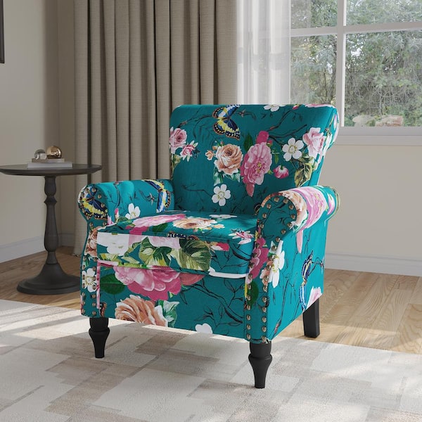 Mid-Century Blue Multicolor Floral Linen Upholstered Accent Armchair with Wooden Legs Set of 1